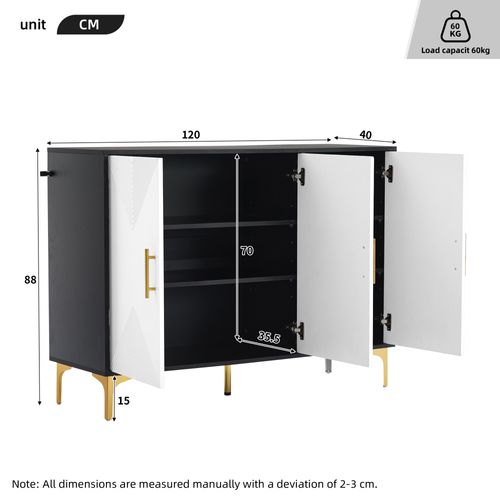 Buffet Commode 120x40x88cm – Poignées Dorées Pieds Or Noir Blanc Polyvalent Chambre/salon