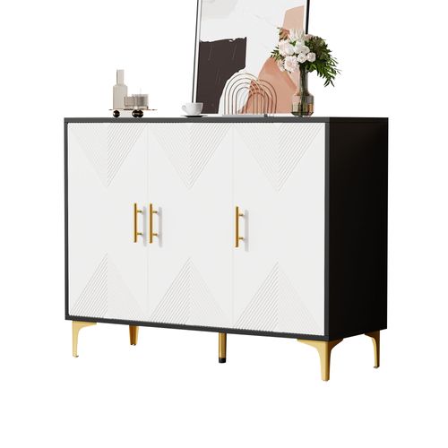 Buffet Commode 120x40x88cm – Poignées Dorées Pieds Or Noir Blanc Polyvalent Chambre/salon
