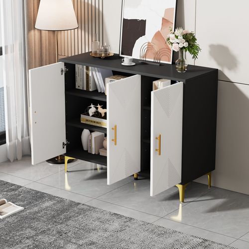 Buffet Commode 120x40x88cm – Poignées Dorées Pieds Or Noir Blanc Polyvalent Chambre/salon