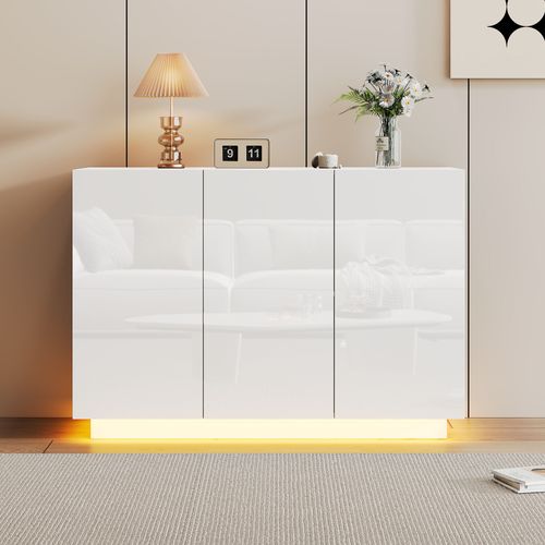 Buffet Entrée 120x40x75cm – Éclairage LED Intégré Blanc Rangement Design Moderne