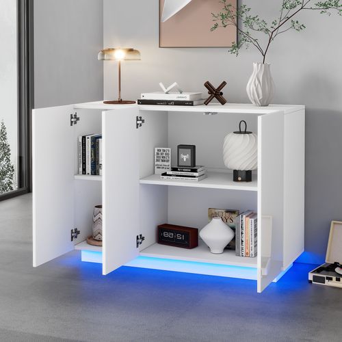Buffet Entrée 120x40x75cm – Éclairage LED Intégré Blanc Rangement Design Moderne