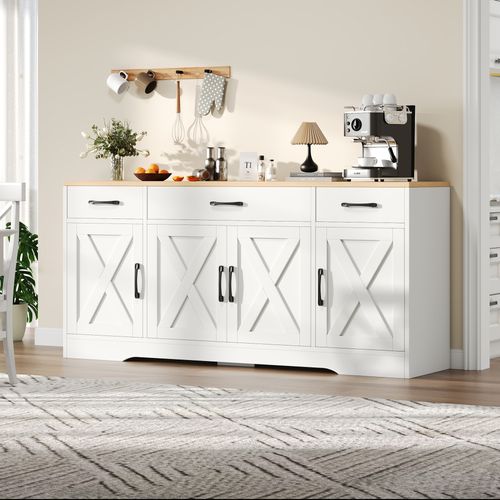 Buffet Blanc 160x37x75cm 3 Tiroirs 4 Portes – Rangement Cuisine/salon
