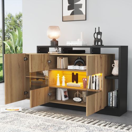 Buffet LED 140x44x94cm 3 Portes Mdf+acrylique – Rangement Cuisine