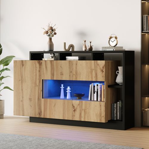 Buffet LED 140x44x94cm 3 Portes Mdf+acrylique – Rangement Cuisine