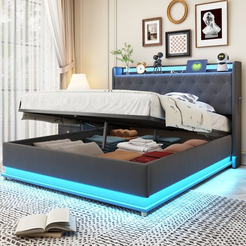 Lit Coffre Rembourré 140x200 Cm Lit Double Avec LED Et Chargement USB, Lin, Gris