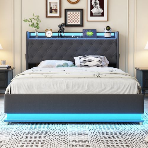 Lit Coffre Rembourré 140x200 Cm Lit Double Avec LED Et Chargement USB, Lin, Gris