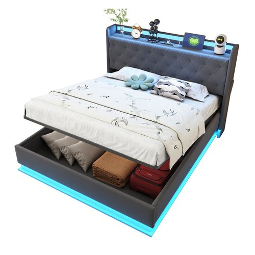 Lit Coffre Rembourré 140x200 Cm Lit Double Avec LED Et Chargement USB, Lin, Gris