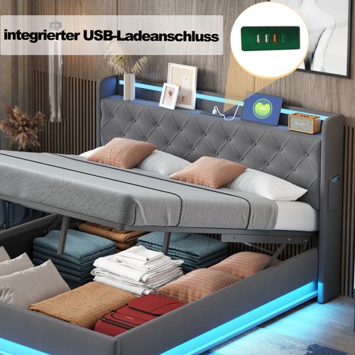 Lit Coffre Rembourré 140x200 Cm Lit Double Avec LED Et Chargement USB, Lin, Gris