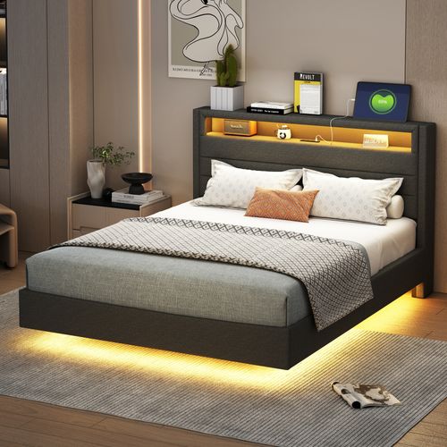 Lit Adulte Capitonné 140x200 Cm Avec Prise USB Et Lumière LED, Tête De Lit De Rangement, Lin, Gris
