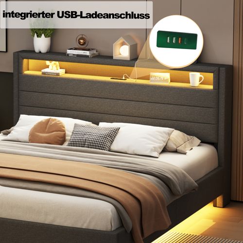 Lit Adulte Capitonné 140x200 Cm Avec Prise USB Et Lumière LED, Tête De Lit De Rangement, Lin, Gris