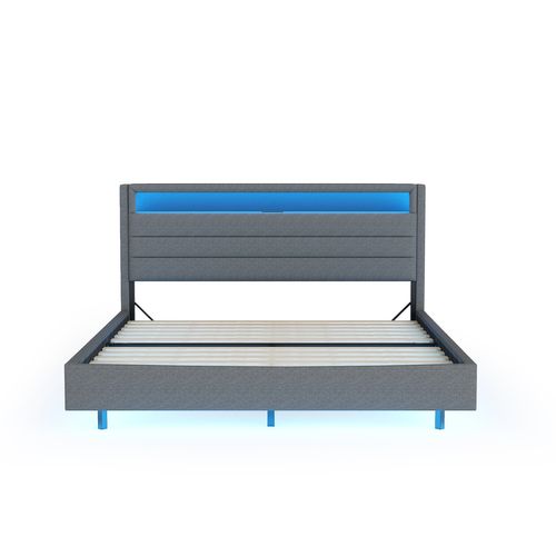 Lit Adulte Capitonné 140x200 Cm Avec Prise USB Et Lumière LED, Tête De Lit De Rangement, Lin, Gris