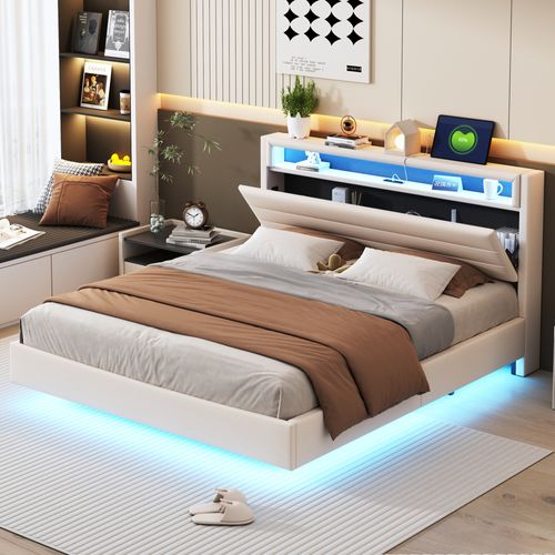 Lit Adulte 160x200 Cm Avec Prise USB Et Lumière LED, Tête De Lit De Rangement, Lin, Beige