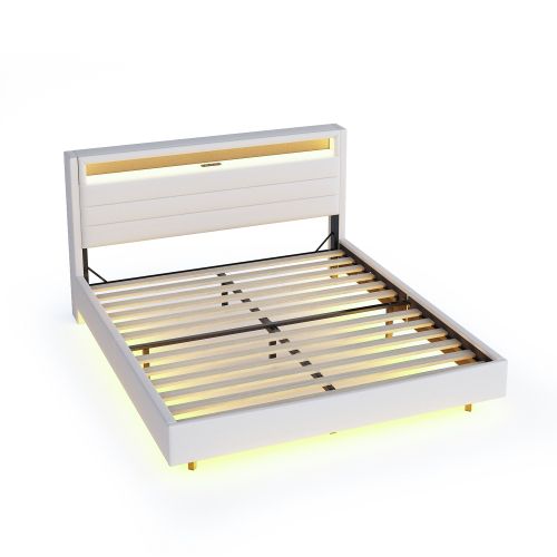 Lit Adulte 160x200 Cm Avec Prise USB Et Lumière LED, Tête De Lit De Rangement, Lin, Beige