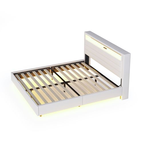 Lit Adulte 160x200 Cm Avec Prise USB Et Lumière LED, Tête De Lit De Rangement, Lin, Beige