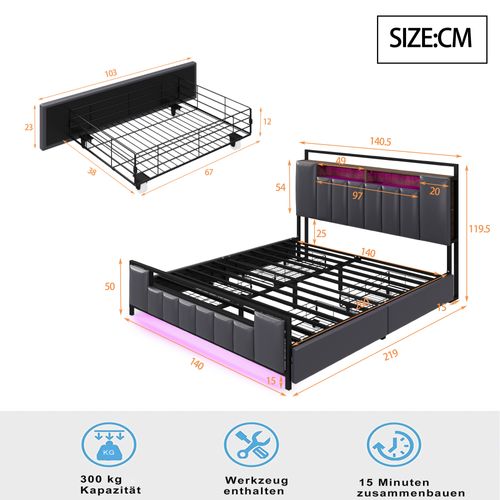 Lit Double Rembourré 140 X 200 Avec LED + USB + 4 Tiroirs, Cadre De Lit En Fer, Simili Cuir, Gris