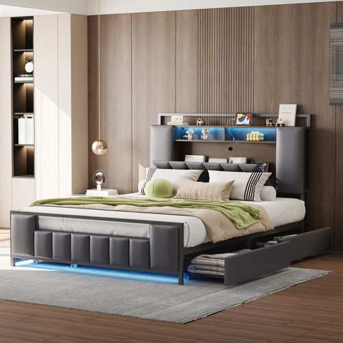 Lit Double Rembourré 140 X 200 Avec LED + USB + 4 Tiroirs, Cadre De Lit En Fer, Simili Cuir, Gris
