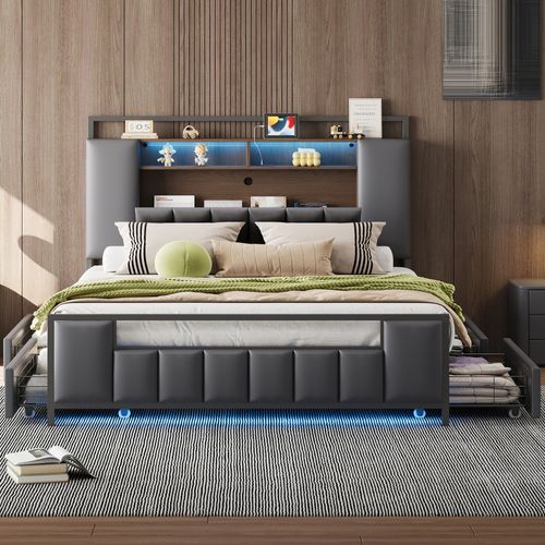 Lit Double Rembourré 140 X 200 Avec LED + USB + 4 Tiroirs, Cadre De Lit En Fer, Simili Cuir, Gris