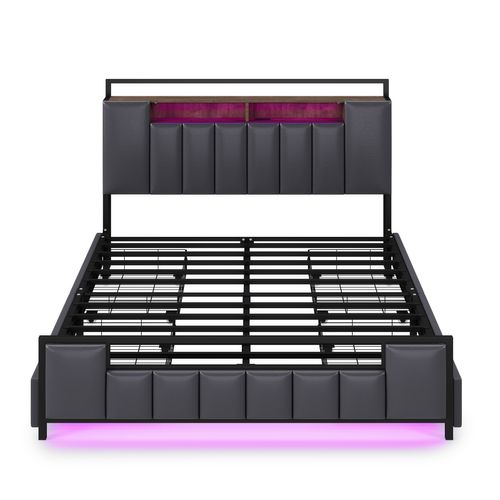 Lit Double Rembourré 140 X 200 Avec LED + USB + 4 Tiroirs, Cadre De Lit En Fer, Simili Cuir, Gris