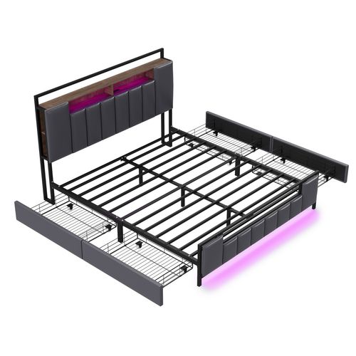 Lit Double Rembourré 140 X 200 Avec LED + USB + 4 Tiroirs, Cadre De Lit En Fer, Simili Cuir, Gris