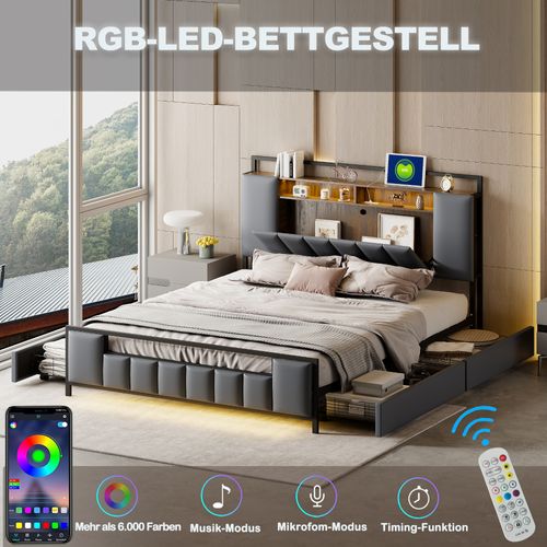 Lit Double Rembourré 140 X 200 Avec LED + USB + 4 Tiroirs, Cadre De Lit En Fer, Simili Cuir, Gris