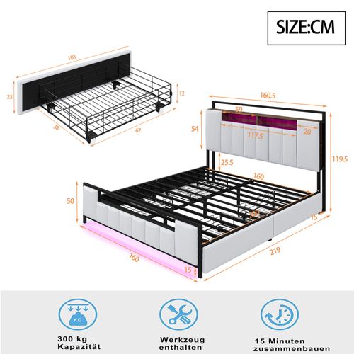 Lit Double Rembourré 160 X 200 Avec LED + USB + 4 Tiroirs, Cadre De Lit En Fer, Simili Cuir, Blanc