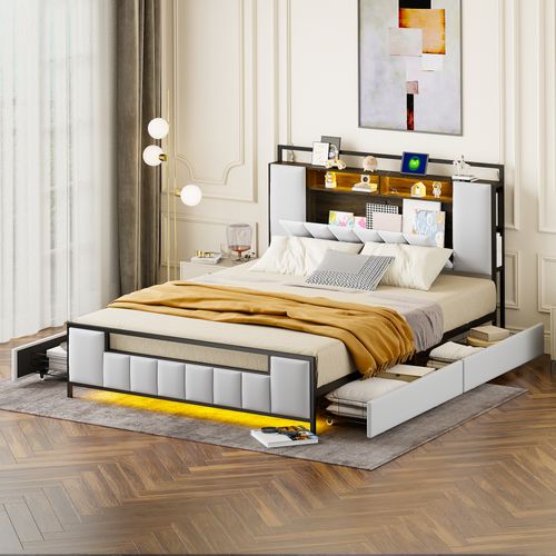 Lit Double Rembourré 160 X 200 Avec LED + USB + 4 Tiroirs, Cadre De Lit En Fer, Simili Cuir, Blanc