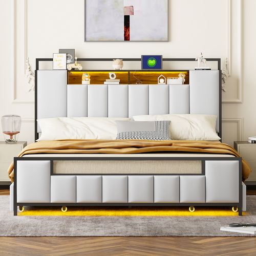 Lit Double Rembourré 160 X 200 Avec LED + USB + 4 Tiroirs, Cadre De Lit En Fer, Simili Cuir, Blanc