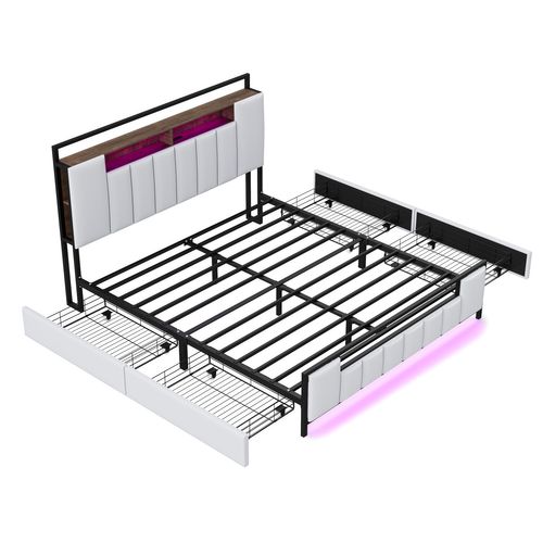 Lit Double Rembourré 160 X 200 Avec LED + USB + 4 Tiroirs, Cadre De Lit En Fer, Simili Cuir, Blanc