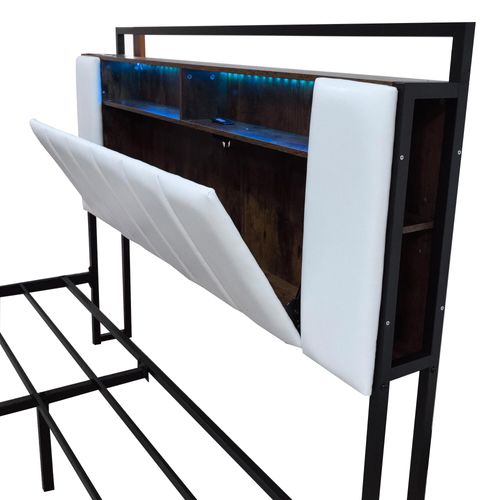 Lit Double Rembourré 160 X 200 Avec LED + USB + 4 Tiroirs, Cadre De Lit En Fer, Simili Cuir, Blanc