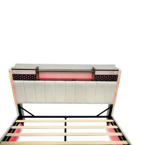 Lit Double Lit 2 Place 140x200 Avec LED Et Prise USB, Tête De Lit Avec Rangement, En Lin, Beige