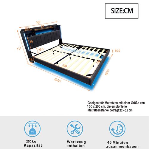 Lit Double Lit 2 Place 160x200 Avec LED Et Prise USB, Tête De Lit Avec Rangement, En Lin, Gris