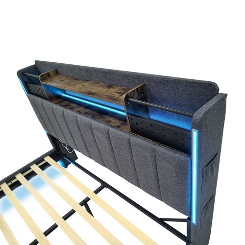 Lit Double Lit 2 Place 160x200 Avec LED Et Prise USB, Tête De Lit Avec Rangement, En Lin, Gris