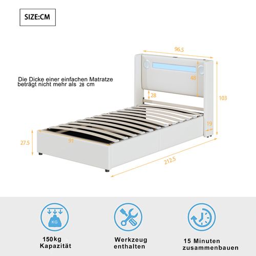 Lit Enfant Rembourré 90x200 Avec LED, Lecteur Bluetooth Et Charge USB, Pu, Blanc