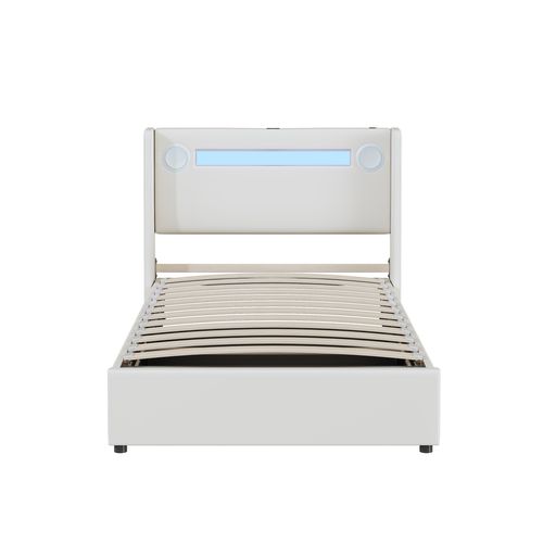 Lit Enfant Rembourré 90x200 Avec LED, Lecteur Bluetooth Et Charge USB, Pu, Blanc