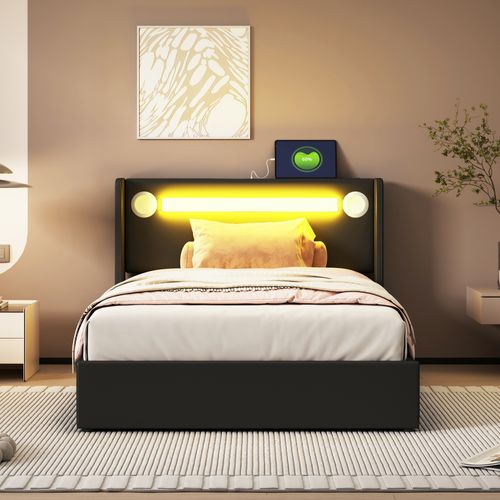Lit Enfant Rembourré 90x200 Avec LED, Lecteur Bluetooth Et Charge USB, Pu, Noir