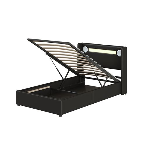 Lit Enfant Rembourré 90x200 Avec LED, Lecteur Bluetooth Et Charge USB, Pu, Noir