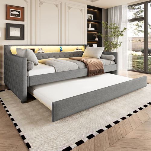 Lit Gigogne 90 X 200, Lit Enfant Avec Ambiance LED, Interface USB, 2 Tiroirs, Lin, Gris