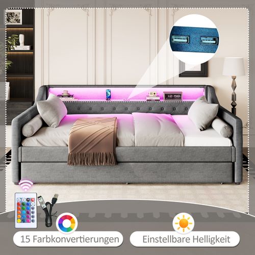 Lit Gigogne 90 X 200, Lit Enfant Avec Ambiance LED, Interface USB, 2 Tiroirs, Lin, Gris