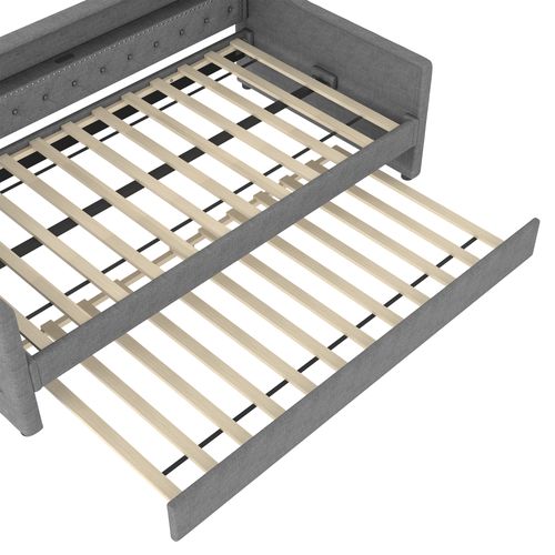 Lit Gigogne 90 X 200, Lit Enfant Avec Ambiance LED, Interface USB, 2 Tiroirs, Lin, Gris