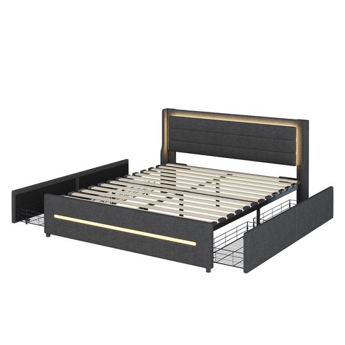 Lit Double 160x200 Cm, Avec LED, 4 Tiroirs, Sommier à Lattes, Lin Gris