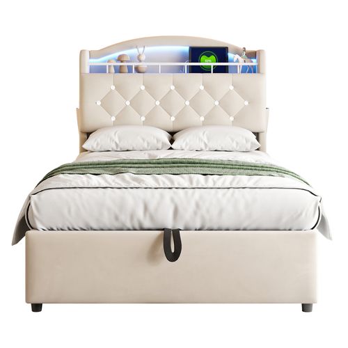 Lit Coffre 90x200cm, Lit Simple Avec Port USB, Éclairage LED, Tête De Lit Rangement, Velours Beige