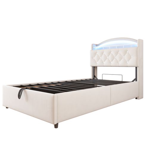 Lit Coffre 90x200cm, Lit Simple Avec Port USB, Éclairage LED, Tête De Lit Rangement, Velours Beige