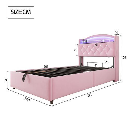 Lit Coffre 90x200cm, Lit Simple Avec Port USB, Éclairage LED, Tête De Lit Rangement, Velours Rose