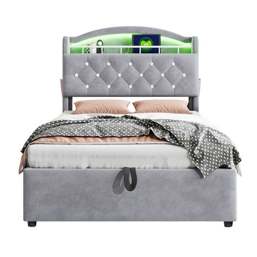 Lit Coffre 90x200cm, Lit Simple Avec Port USB, Éclairage LED, Tête De Lit Rangement, Velours Gris