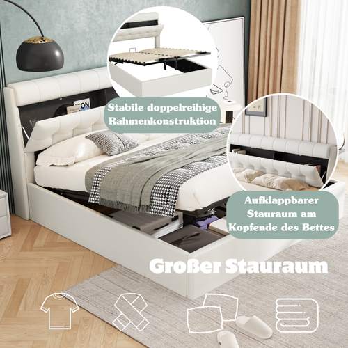 Lit Coffre 160x200 Cm Avec Tête De Lit Rangement, Rembourrage Confortable - Pu Blanc