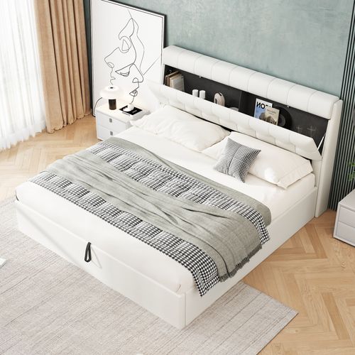 Lit Coffre 160x200 Cm Avec Tête De Lit Rangement, Rembourrage Confortable - Pu Blanc