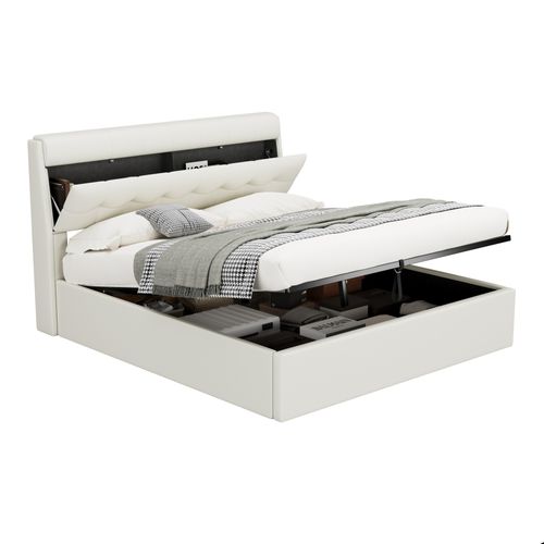 Lit Coffre 160x200 Cm Avec Tête De Lit Rangement, Rembourrage Confortable - Pu Blanc