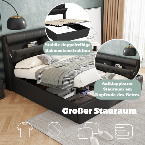 Lit Coffre 160x200 Cm Avec Tête De Lit Rangement, Rembourrage Confortable - PU Noir