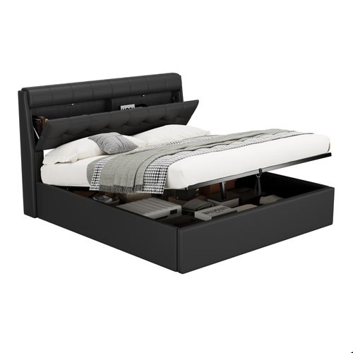 Lit Coffre 160x200 Cm Avec Tête De Lit Rangement, Rembourrage Confortable - PU Noir