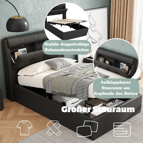 Lit Coffre 90x200 Cm Avec Tête De Lit Rangement, Rembourrage - Pu Noir